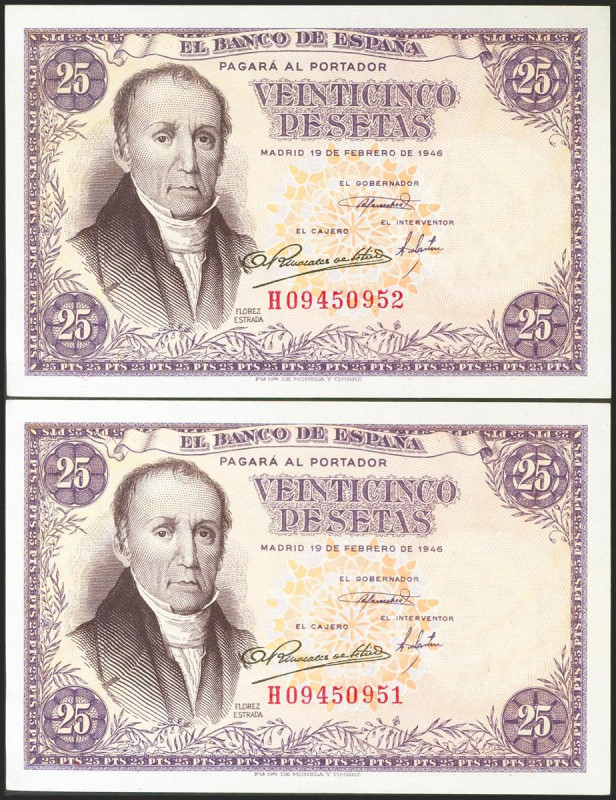 25 Pesetas. 19 de Febrero de 1946. Pareja correlativa. Serie H. (Edifil 2021: 45...