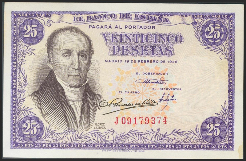 25 Pesetas. 19 de Febrero de 1946. Serie J. (Edifil 2021: 450a). Apresto origina...