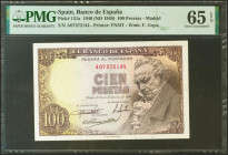 100 Pesetas. 19 de Febrero de 1946. Serie A. (Edifil 2021: 451a, Pick: 131a). Raro en esta calidad, apresto original. SC. Encapsulado PMG65EPQ.