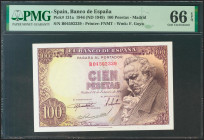 100 Pesetas. 19 de Febrero de 1946. Serie B. (Edifil 2021: 451, Pick: 131a). Raro en esta calidad, apresto original. SC. Encapsulado PMG66EPQ.