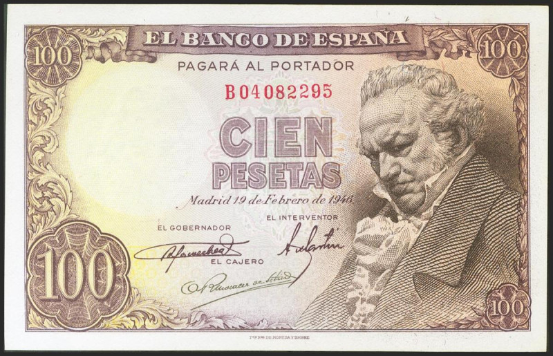 100 Pesetas. 19 de Febrero de 1946. Serie B, última serie emitida. (Edifil 2021:...