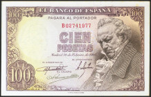 100 Pesetas. 19 de Febrero de 1946. Serie B, última serie emitida. (Edifil 2021: 451a). Apresto original, ligerísimas manchitas del tiempo. SC--.