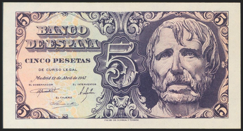 5 Pesetas. 12 de Abril de 1947. Sin serie. (Edifil 2021: 454). Apresto original....