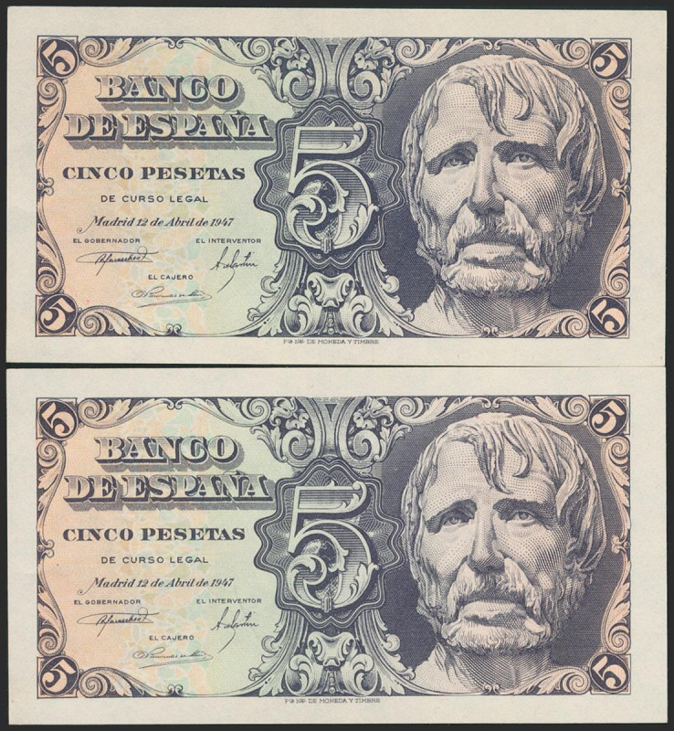 5 Pesetas. 12 de Abril de 1947. Pareja correlativa. Serie B. (Edifil 2021: 454a)...