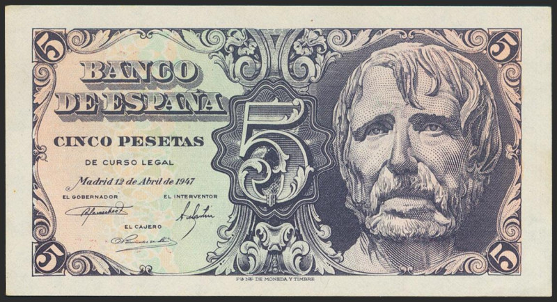 5 Pesetas. 12 de Abril de 1947. Serie C. (Edifil 2021: 454a). Apresto original. ...
