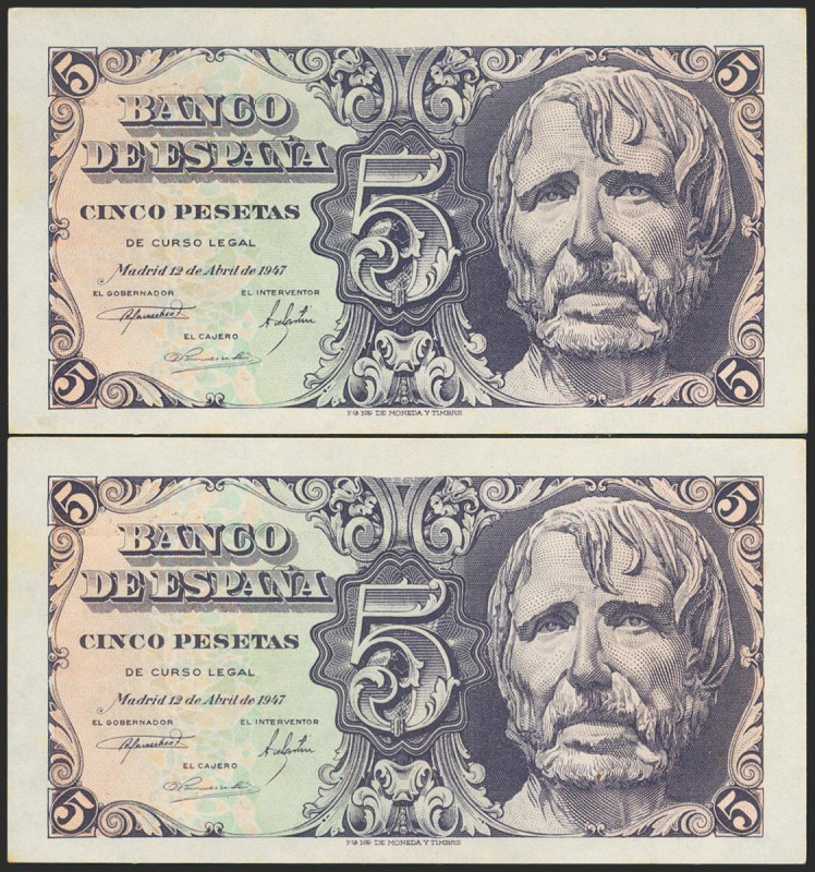5 Pesetas. 12 de Abril de 1947. Pareja correlativa. Serie C. (Edifil 2021: 454a)...