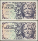 5 Pesetas. 12 de Abril de 1947. Pareja correlativa. Serie C. (Edifil 2021: 454a). Apresto original. SC-.
