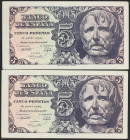 5 Pesetas. 12 de Abril de 1947. Pareja correlativa. Serie D. (Edifil 2021: 454a). Apresto original. SC-.