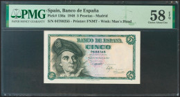 5 Pesetas. 15 de Marzo de 1948. Sin serie. (Edifil 2021: 455, Pick: 136a). Inusual en esta calidad. EBC+++. Encapsulado PMG58EPQ.