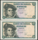 5 Pesetas. 15 de Marzo de 1948. Pareja correlativa. Serie A. (Edifil 2021: 455a). Apresto original. SC.