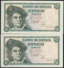 5 Pesetas. 5 de Marzo de 1948. Pareja correlativa. Serie E. (Edifil 2021: 455a). Apresto original. SC.