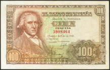 100 Pesetas. 2 de Mayo de 1948. Sin serie. (Edifil 2021: 456). Conserva parte del apresto original. EBC-.