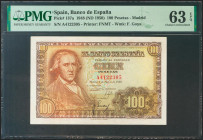 100 Pesetas. 2 de Mayo de 1948. Serie A. (Edifil 2021: 456a, Pick: 137a). Inusual en esta calidad, apresto original. SC. Encapsulado PMG63EPQ.