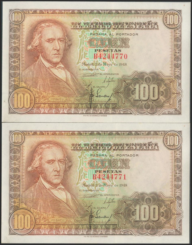 100 Pesetas. 2 de Mayo de 1948. Pareja correlativa. Serie B. (Edifil 2017: 456a)...