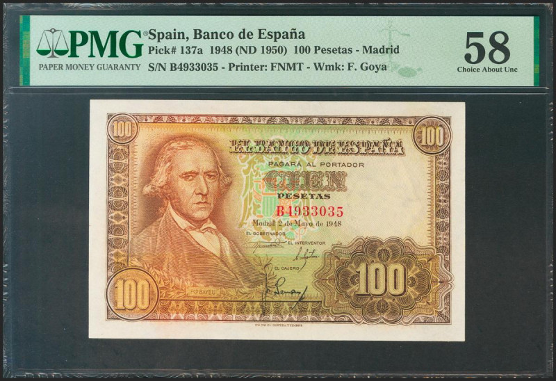 100 Pesetas. 2 de Mayo de 1948. Serie B. (Edifil 2021: 456a, Pick: 137a). Inusua...