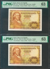 100 Pesetas. 2 de Mayo de 1948. Pareja correlativa. Serie D. (Edifil 2021: 456a, Pick: 137a). Rara en esta calidad. SC. Encapsulado PMG63, ambos.