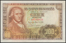 100 Pesetas. 2 de Mayo de 1948. Serie D. (Edifil 2021: 456a). Conserva gran parte del apresto original. EBC++.