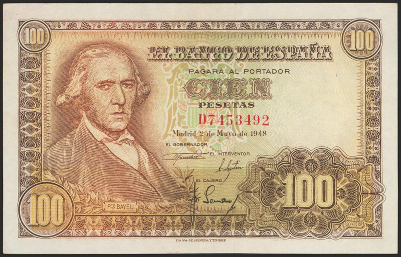100 Pesetas. 2 de Mayo de 1948. Serie D. (Edifil 2021: 456a). Conserva gran part...
