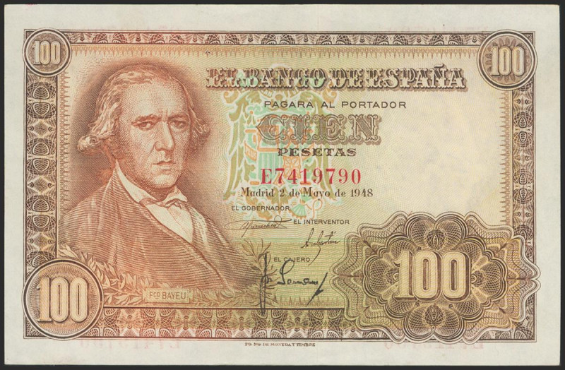 100 Pesetas. 2 de Mayo de 1948. Serie E. (Edifil 2021: 456a). Puntitos de grapa,...