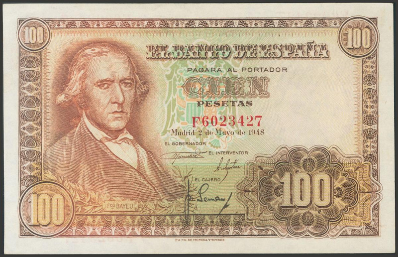 100 Pesetas. 2 de Mayo de 1948. Serie F. (Edifil 2017: 456a). Conserva gran part...