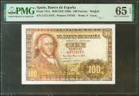100 Pesetas. 2 de Mayo de 1948. Serie G. (Edifil 2021: 456a, Pick: 137a). Inusual en esta excepcional calidad, apresto original. SC. Encapsulado PMG65...