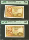 100 Pesetas. 2 de Mayo de 1948. Pareja correlativa. Serie H. (Edifil 2021: 456a, Pick: 137a). EBC++. Encapsulados PMG58, ambos.