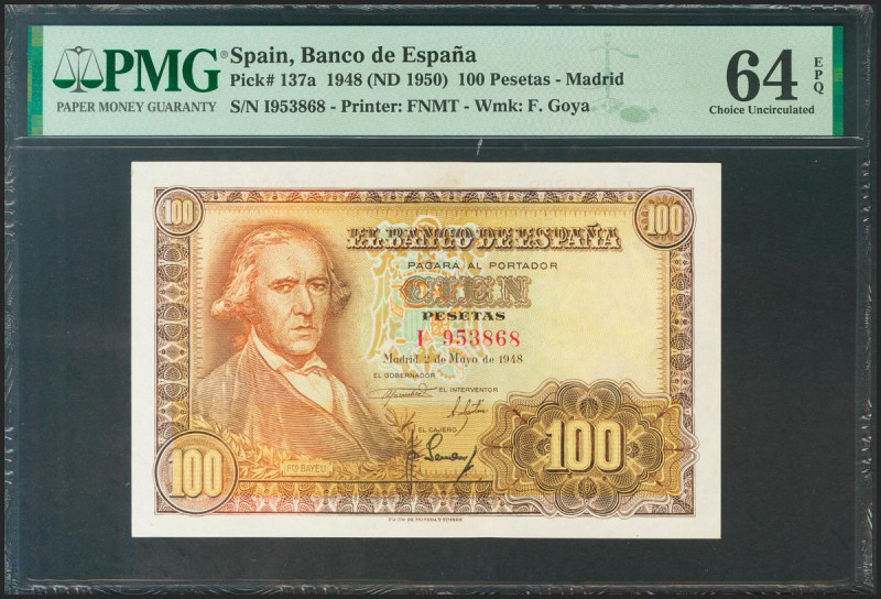 100 Pesetas. 2 de Mayo de 1948. Serie I. (Edifil 2021: 456a, Pick: 137a). Inusua...