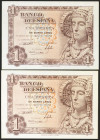 1 Peseta. 19 de Junio de 1948. Pareja correlativa. Sin serie. (Edifil 2021: 457). Apresto original. SC.