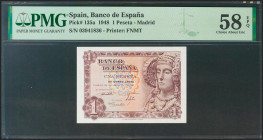 1 Pesetas. 19 de Junio de 1948. Sin serie. (Edifil 2021: 457, Pick: 135a). Apresto original. EBC+++. Encapsulado PMG58EPQ.