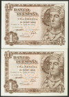 1 Peseta. 19 de Junio de 1948. Pareja correlativa. Serie M. (Edifil 2021: 457a). Apresto original. SC.