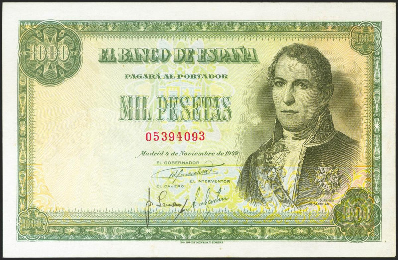 1000 Pesetas. 4 de Noviembre de 1949. Sin serie. (Edifil 2021: 458). Inusual en ...