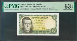 5 Pesetas. 16 de Agosto de 1951. Sin serie. (Edifil 2021: 459, Pick: 140a). Apresto original. SC. Encapsulado PMG63EPQ.