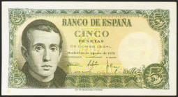 5 Pesetas. 16 de Agosto de 1951. Sin serie. (Edifil 2021: 459). Puntito del tiempo en la esquina inferior izquierda y apresto original. SC-.