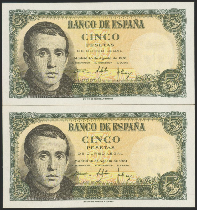 5 Pesetas. 16 de Agosto de 1951. Sin serie. Uno de los billetes leve doblez vert...