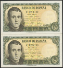 5 Pesetas. 16 de Agosto de 1951. Sin serie. Uno de los billetes leve doblez vertical. (Edifil 2017: 459). SC/EBC+.