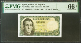 5 Pesetas. 16 de Agosto de 1951. Serie A. (Edifil 2021: 459a, Pick: 140a). Inusual en esta excepcional calidad, apresto original. SC. Encapsulado PMG6...