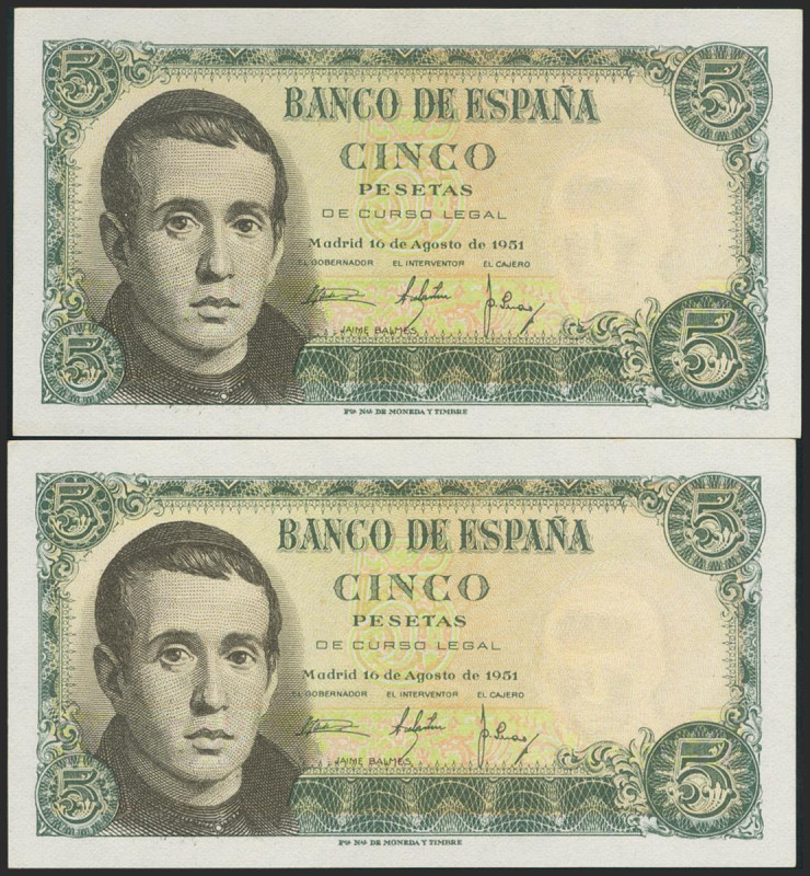 5 Pesetas. 16 de Agosto de 1951. Pareja correlativa. Serie A. (Edifil 2021: 459a...
