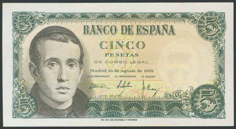 5 Pesetas. 16 de Agosto de 1951. Serie C. (Edifil 2017: 459a). Apresto original....