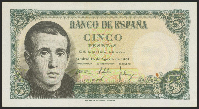 5 Pesetas. 16 de Agosto de 1951. Serie E. (Edifil 2021: 459a). Apresto original....