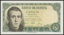 5 Pesetas. 16 de Agosto de 1951. Serie E. (Edifil 2021: 459a). Conserva gran parte del apresto original. EBC+.