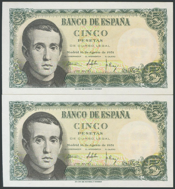 5 Pesetas. 16 de Agosto de 1951. Pareja correlativa. Serie F. (Edifil 2017: 459a...