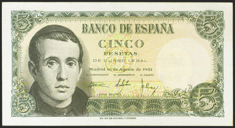 5 Pesetas. 16 de Agosto de 1951. Serie F. (Edifil 2021: 459a). Conserva gran par...