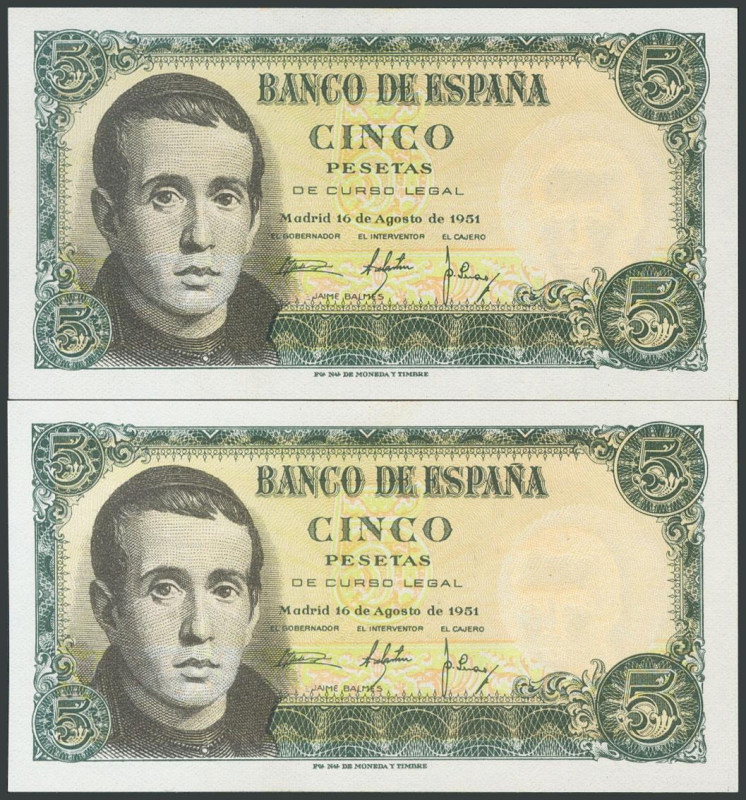 5 Pesetas. 16 de Agosto de 1951. Pareja correlativa. Serie G. (Edifil 2017: 459a...