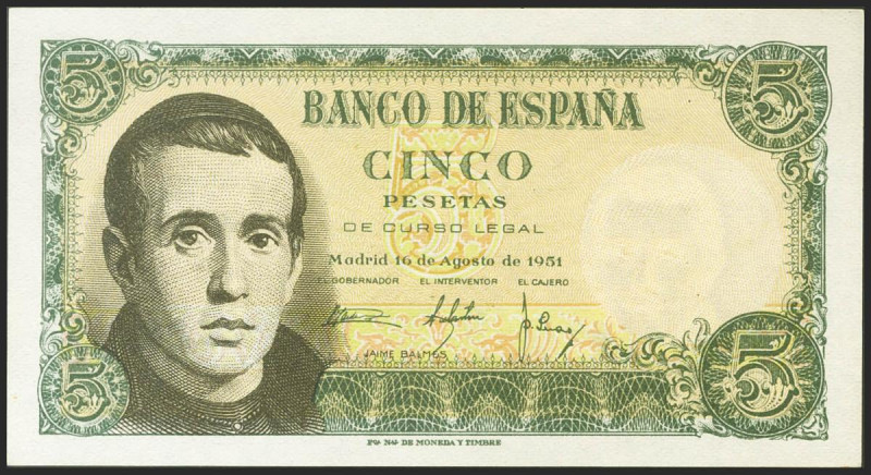 5 Pesetas. 16 de Agosto de 1951. Serie J. (Edifil 2021: 459a). Apresto original....