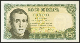 5 Pesetas. 16 de Agosto de 1951. Serie J. (Edifil 2021: 459a). Apresto original. EBC++.