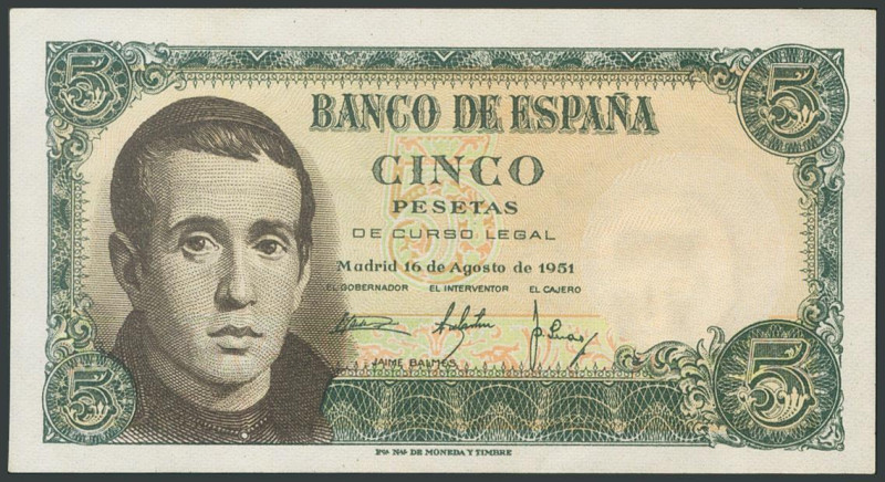 5 Pesetas. 16 de Agosto de 1951. Serie W. (Edifil 2017: 459a). Apresto original....