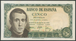 5 Pesetas. 16 de Agosto de 1951. Serie W. (Edifil 2017: 459a). Apresto original. EBC+.