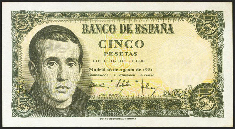 5 Pesetas. 16 de Agosto de 1951. Serie 1C. (Edifil 2021: 459a). Apresto original...