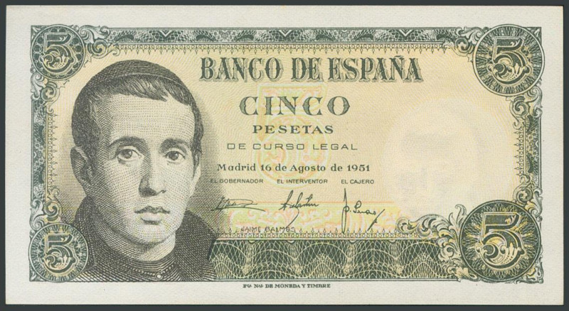 5 Pesetas. 16 de Agosto de 1951. Serie 1G. (Edifil 2017: 459a). Apresto original...