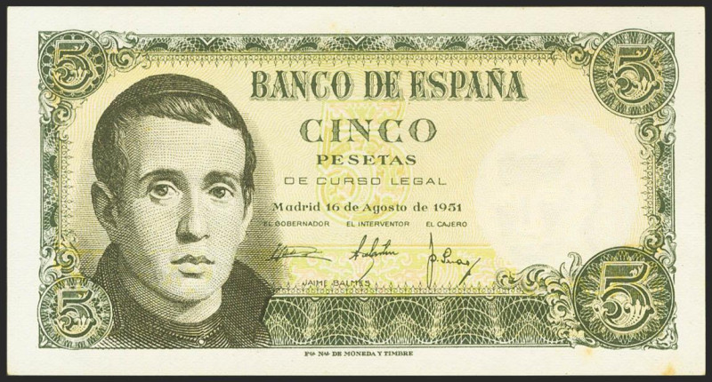 5 Pesetas. 16 de Agosto de 1951. Serie 1H. (Edifil 2021: 459a). Apresto original...